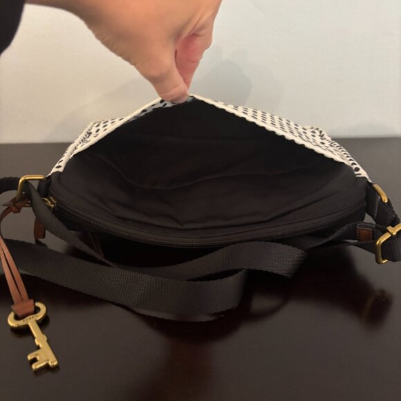 Fossil Bailey Black and White Polka Dot Nylon Canvas Crossbody Shoulder Bag - Picture 8 of 13